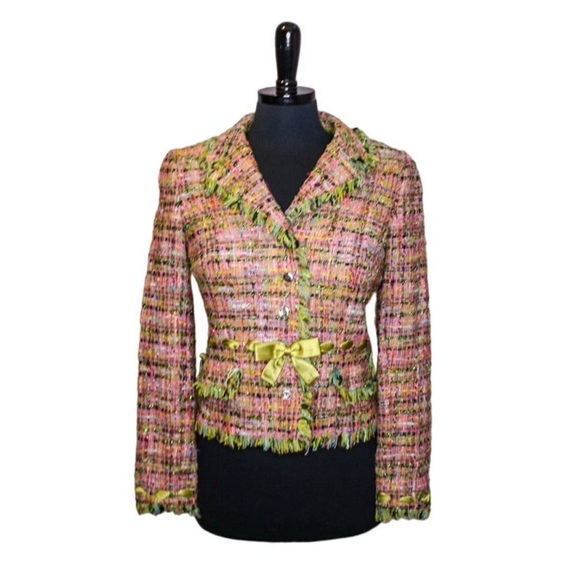 Two Piece EUC Rickie Freeman Teri Jon skirt suit with blazer green & pink size 8 - Picture 1 of 10